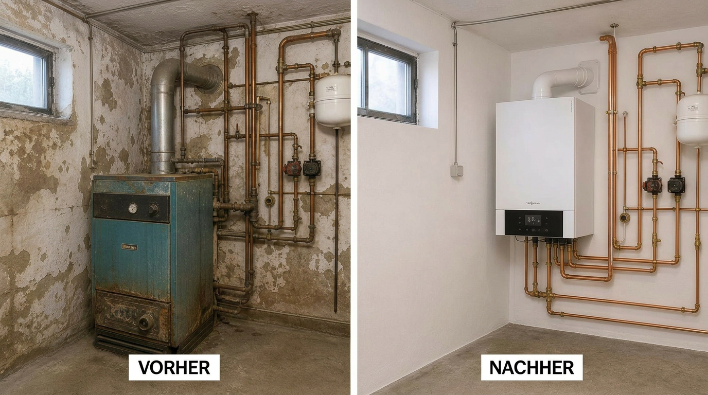 Vorher-Nachher: alter Heizkessel modernisiert zu effizientem Brennwertgerät