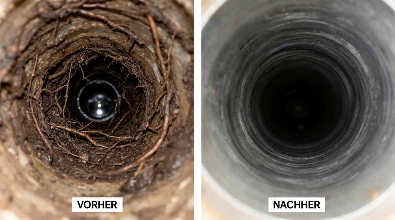 Vorher-Nachher: verstopftes Abwasserrohr gereinigt
