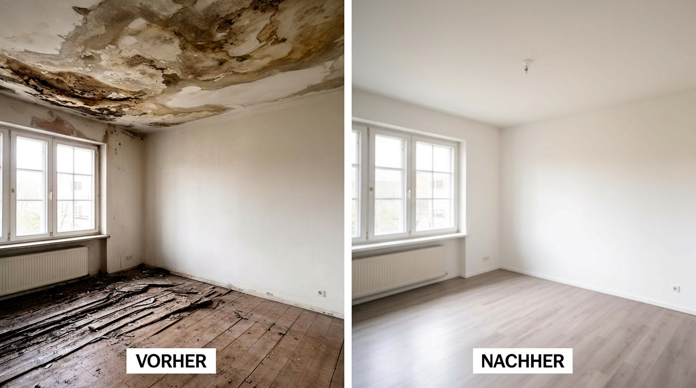 Vorher-Nachher: Raum nach Wasserschaden saniert