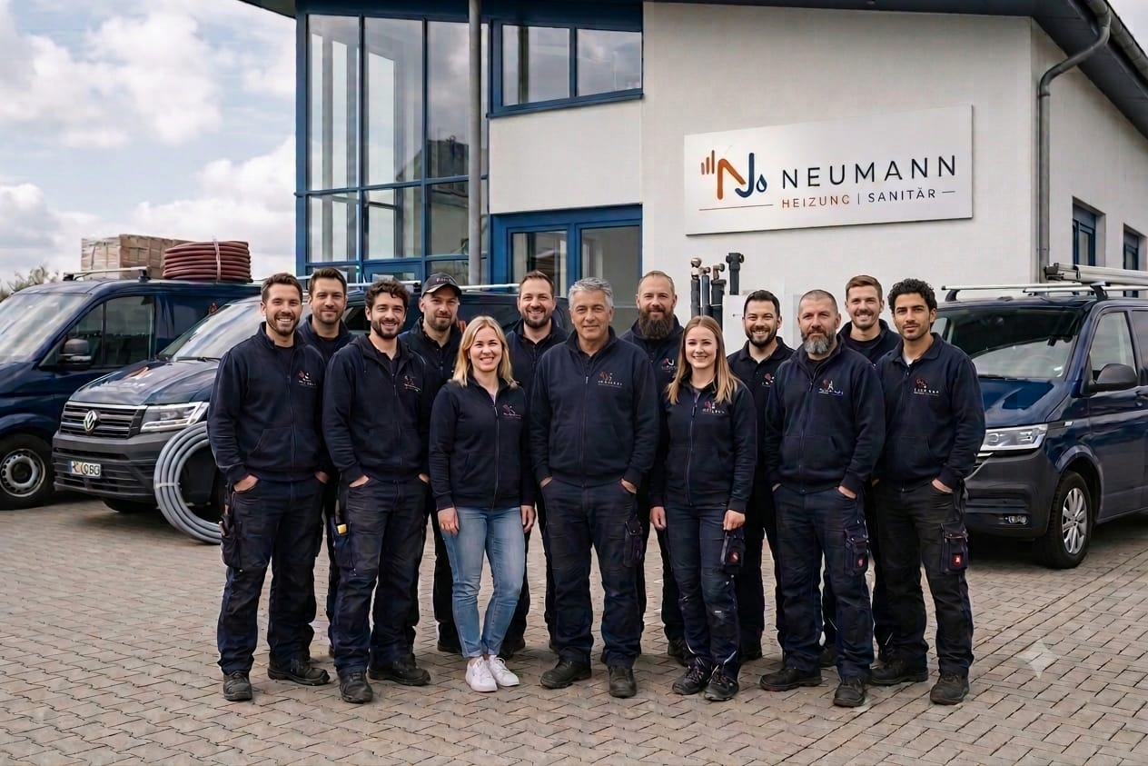 Team von Neumann Heizung & Sanitär vor dem Firmensitz